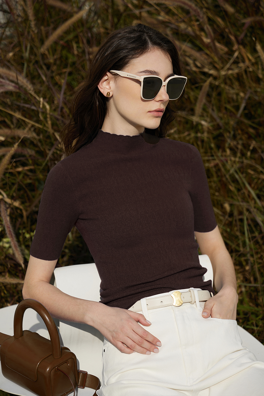 Half High Neck Slim Knit Top