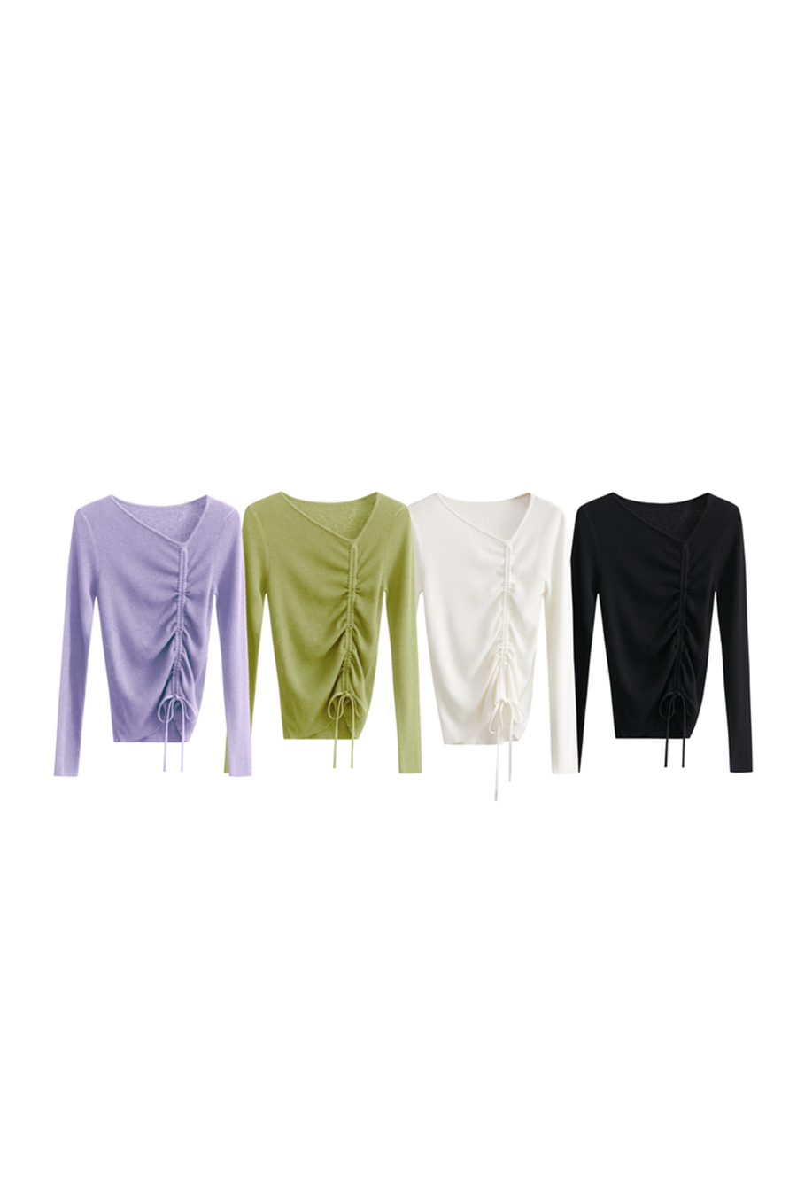 Slant V-Neck Drawstring Knit Top|AMII-AMII.com