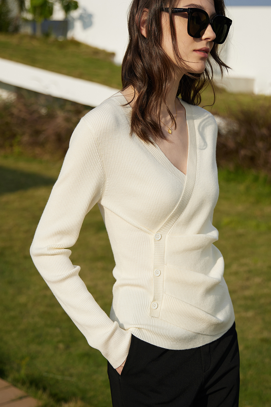 V - Neck Fake Placket Knitted Sweater|AMII-AMII.com