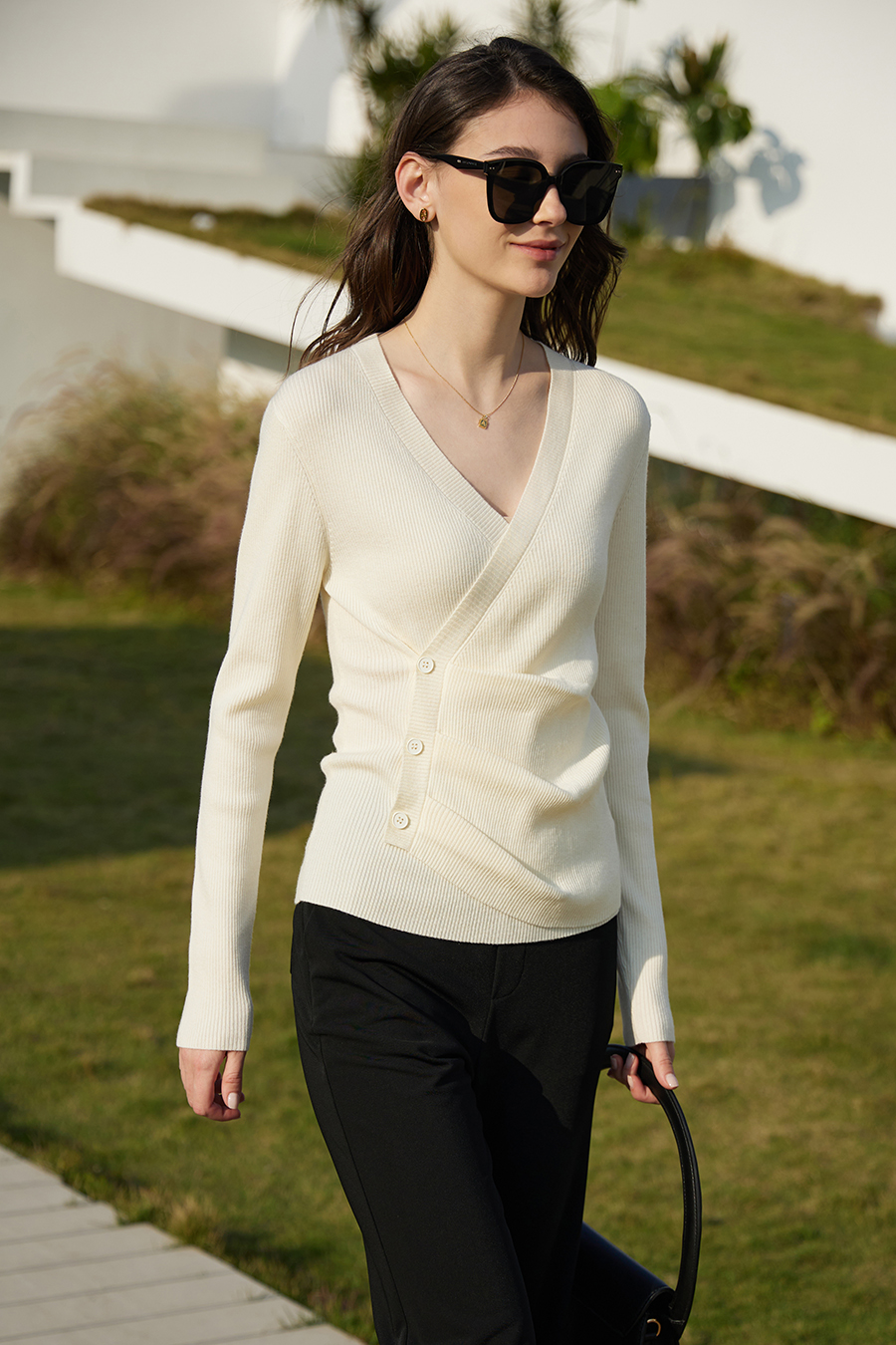 V - Neck Fake Placket Knitted Sweater|AMII-AMII.com