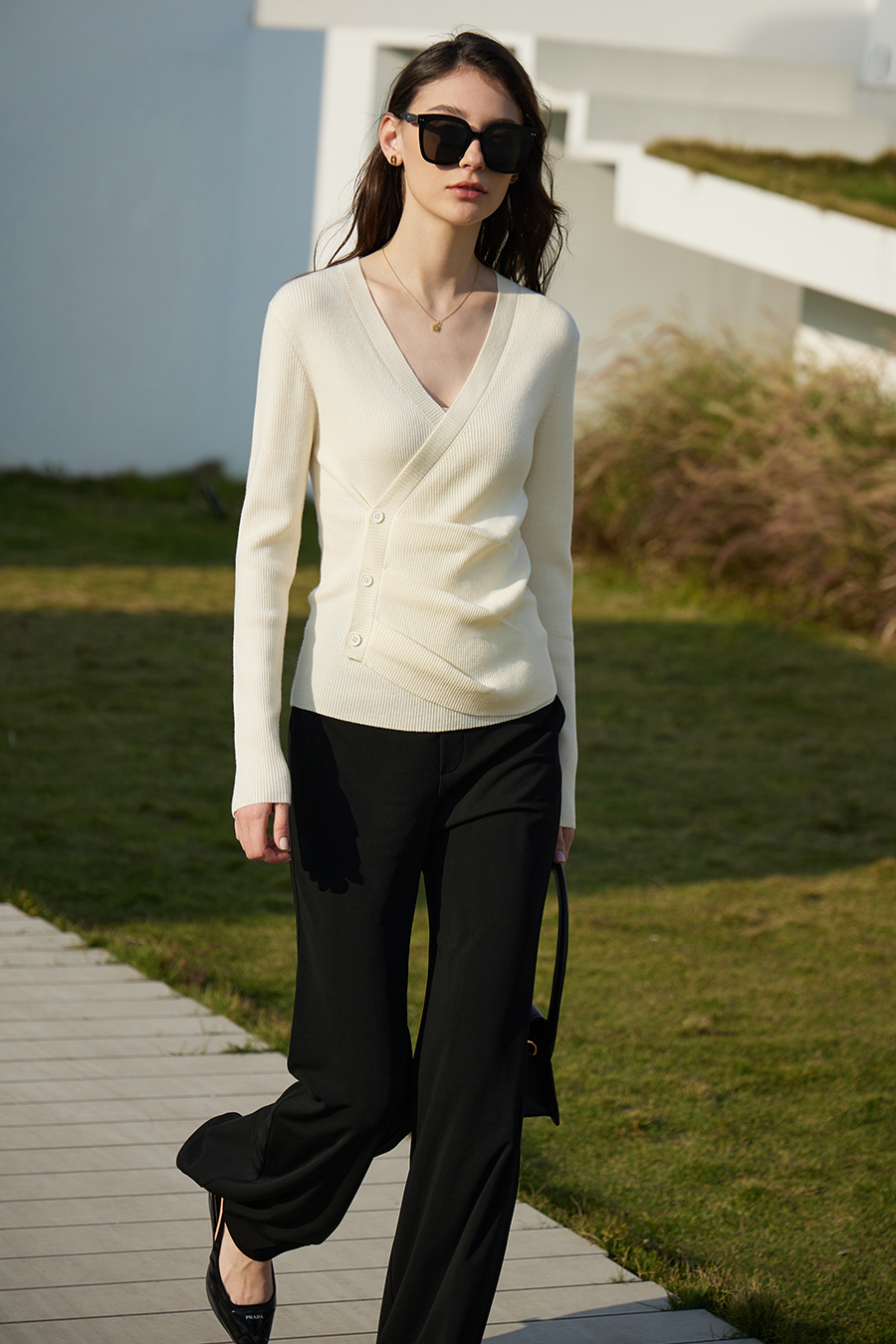 V - Neck Fake Placket Knitted Sweater|AMII-AMII.com