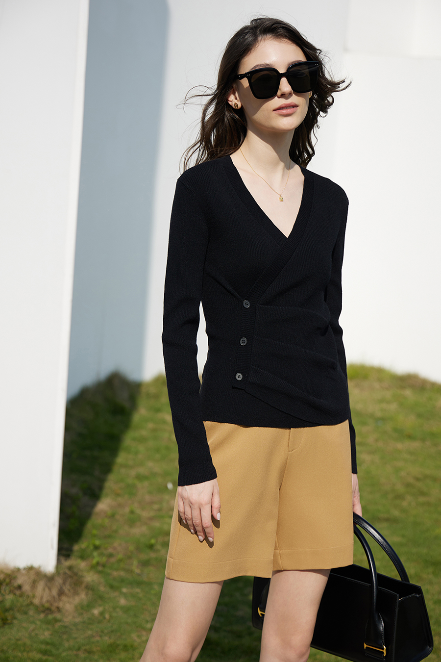 V - Neck Fake Placket Knitted Sweater|AMII-AMII.com