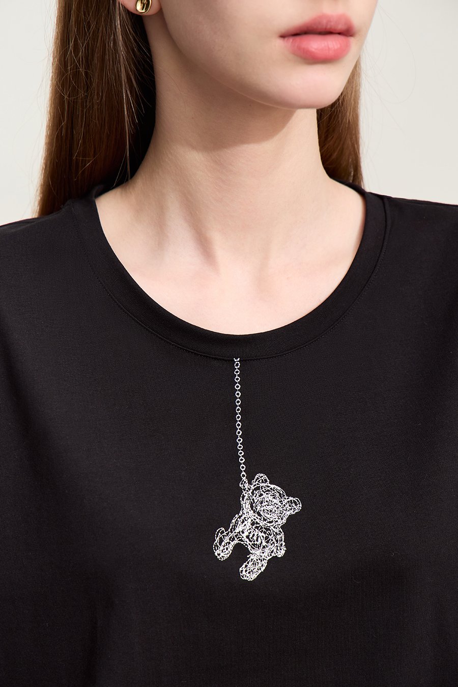 Little Bear Embroidered Ice Porcelain Cotton T - Shirt|AMII-AMII.com