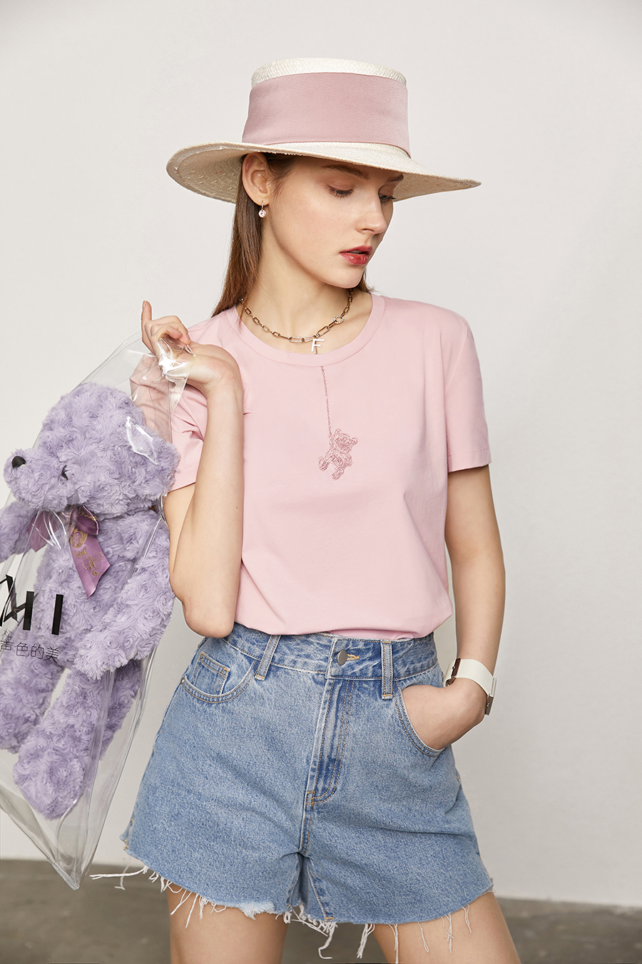 Little Bear Embroidered Ice Porcelain Cotton T - Shirt|AMII-AMII.com