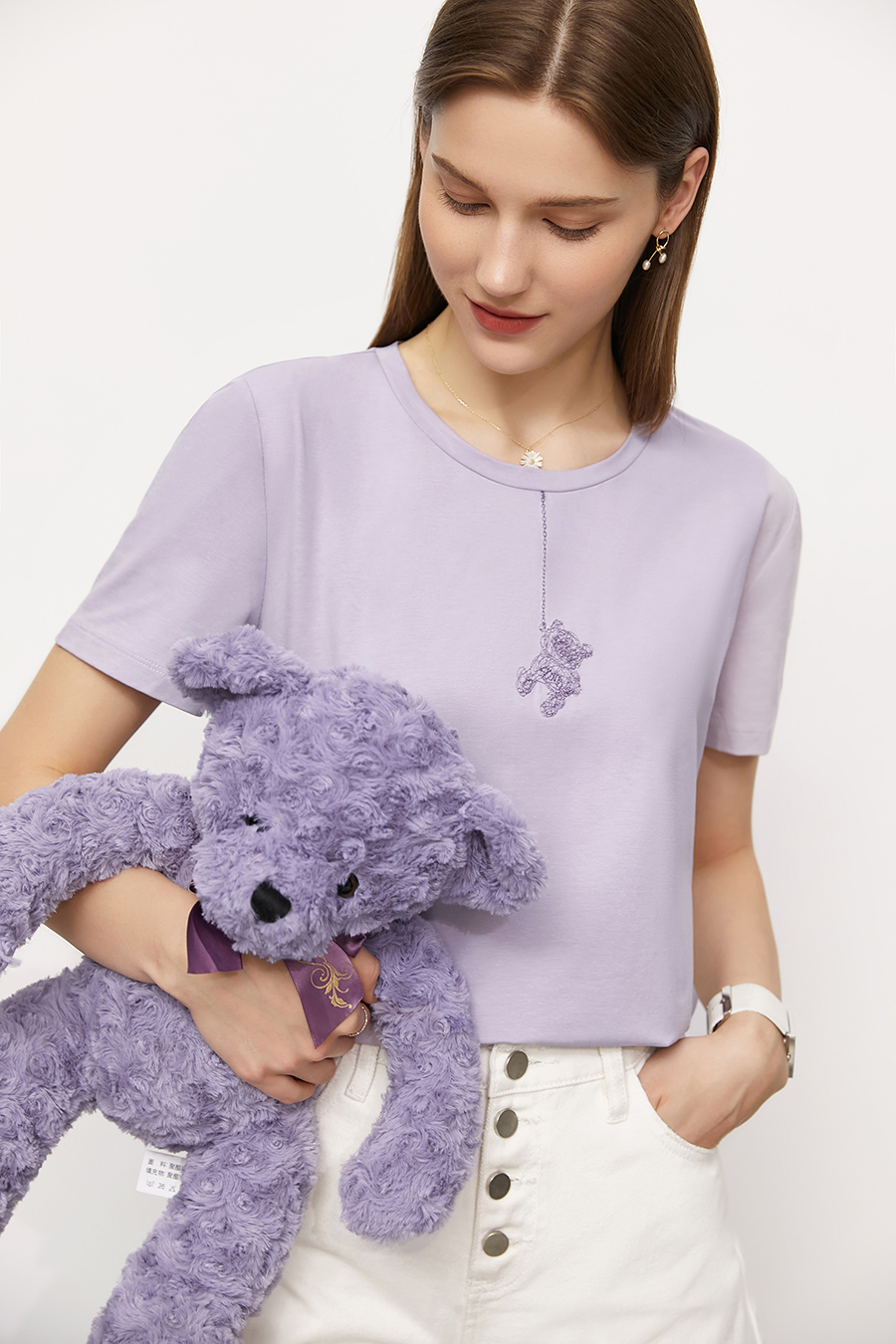 Little Bear Embroidered Ice Porcelain Cotton T - Shirt|AMII-AMII.com