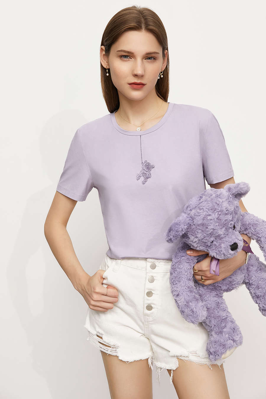 Little Bear Embroidered Ice Porcelain Cotton T - Shirt|AMII-AMII.com