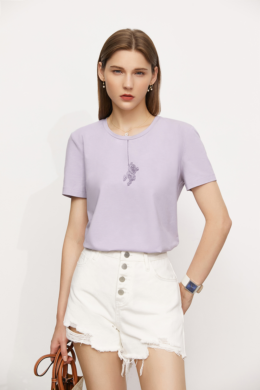 Little Bear Embroidered Ice Porcelain Cotton T - Shirt|AMII-AMII.com