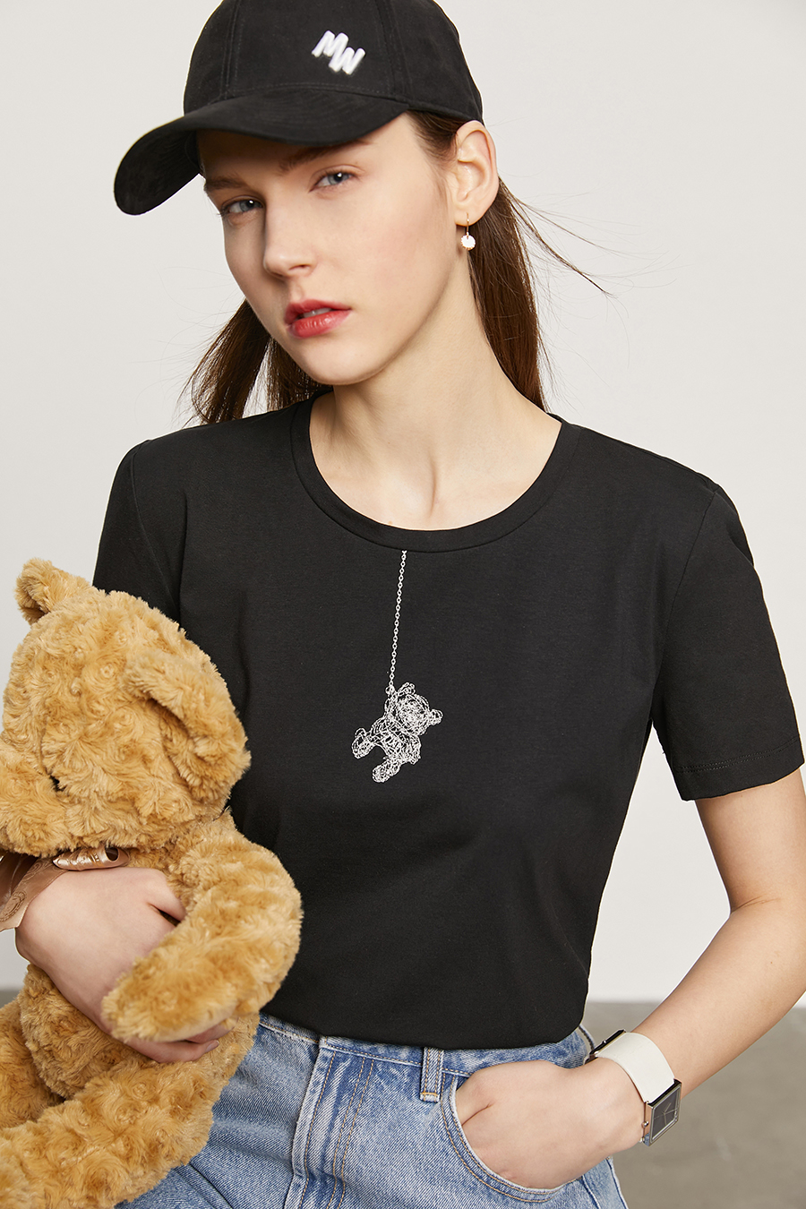 Little Bear Embroidered Ice Porcelain Cotton T - Shirt|AMII-AMII.com