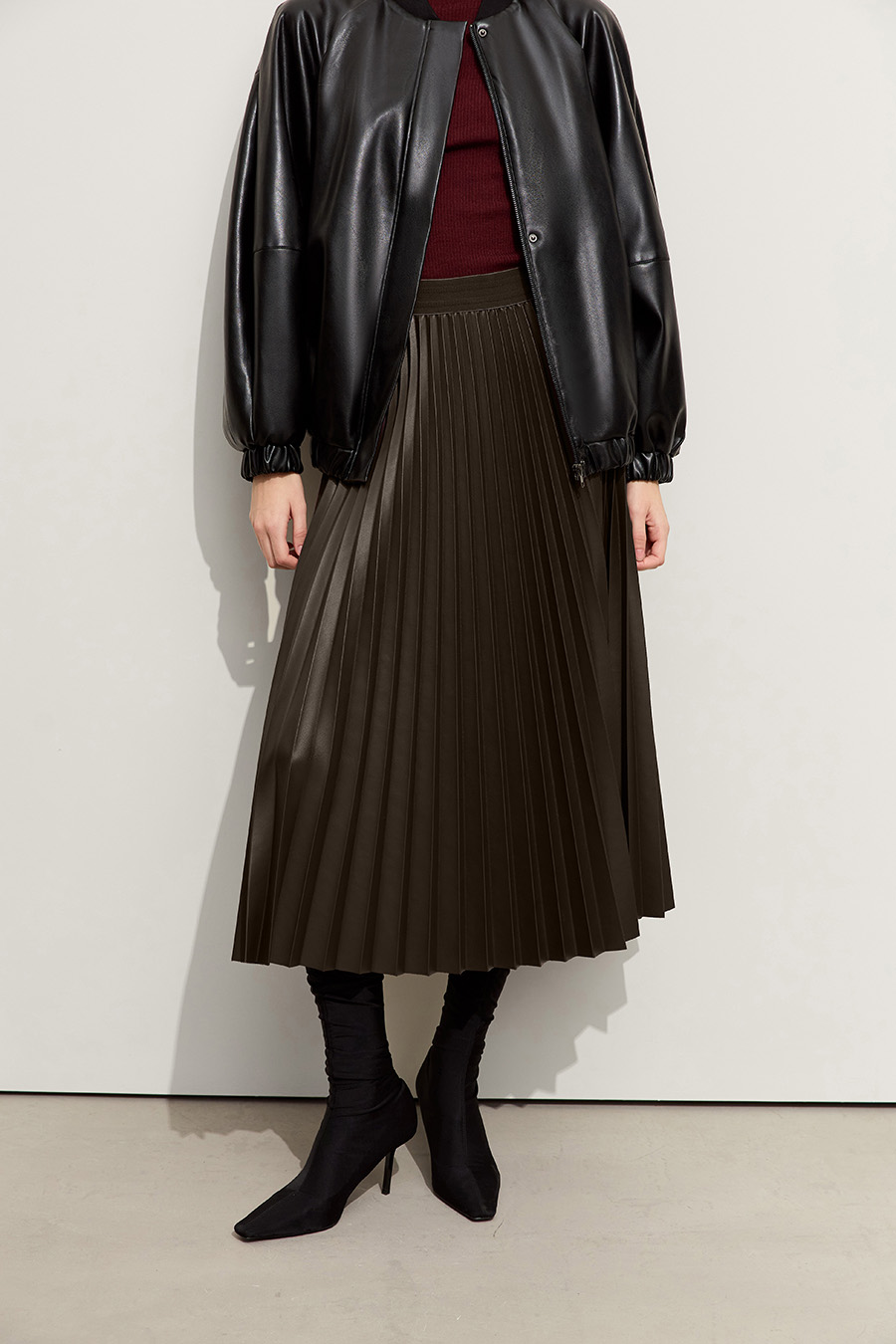 PU Leather Pleated Skirt|AMII-AMII.com