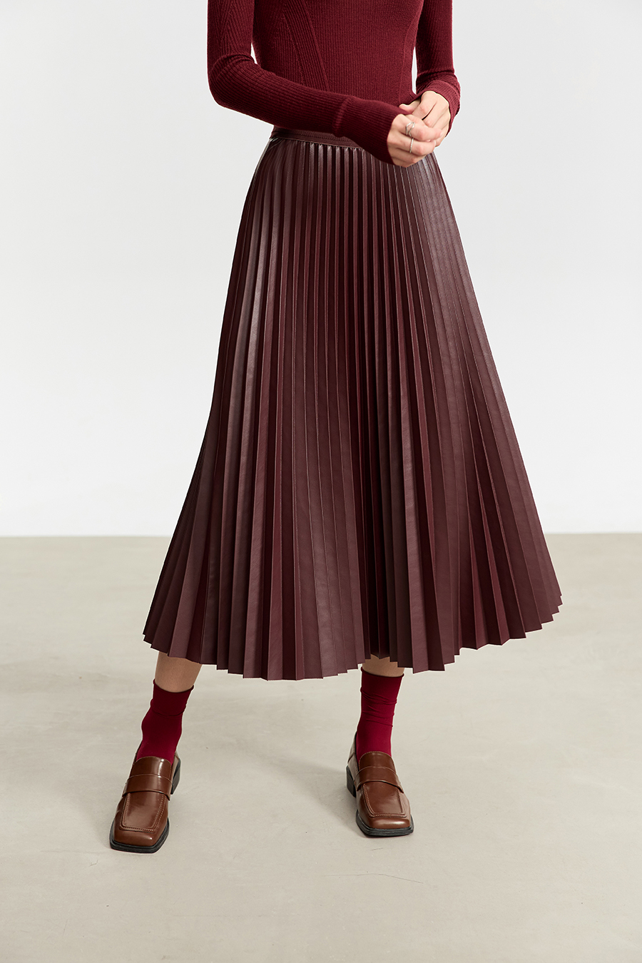 PU Leather Pleated Skirt|AMII-AMII.com