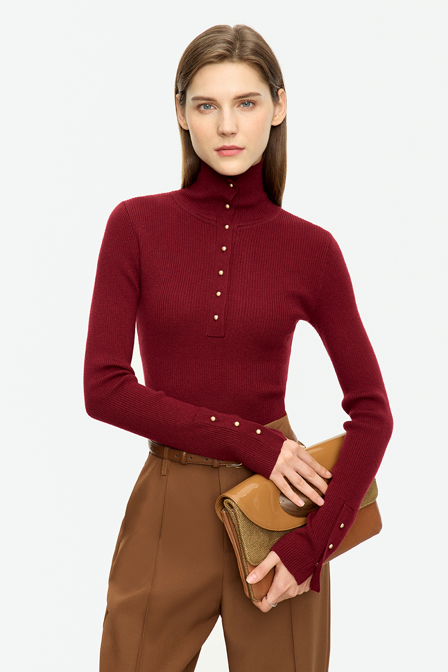 Buttoned High Neck Slim Sweater|AMII-AMII.com