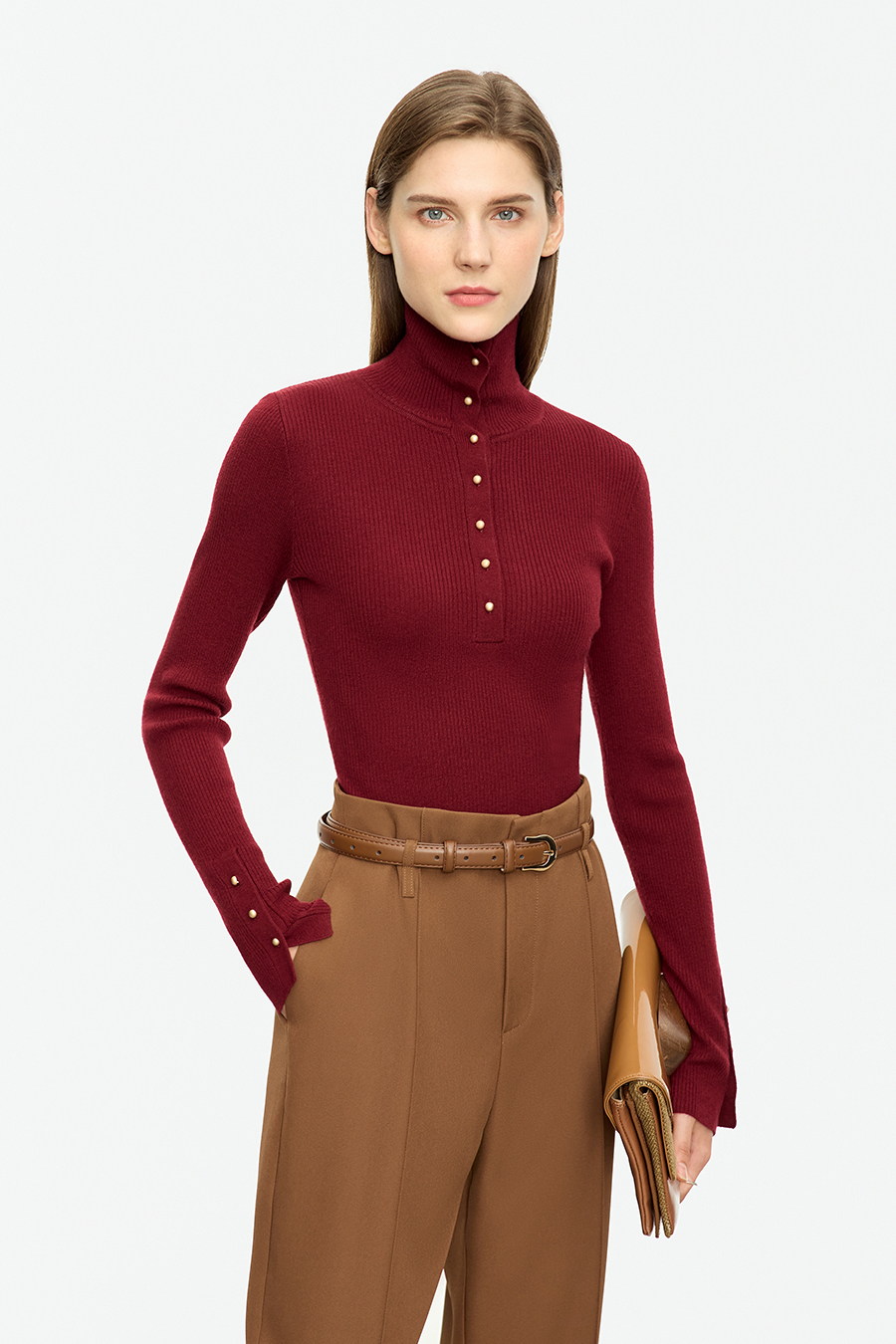 Buttoned High Neck Slim Sweater|AMII-AMII.com