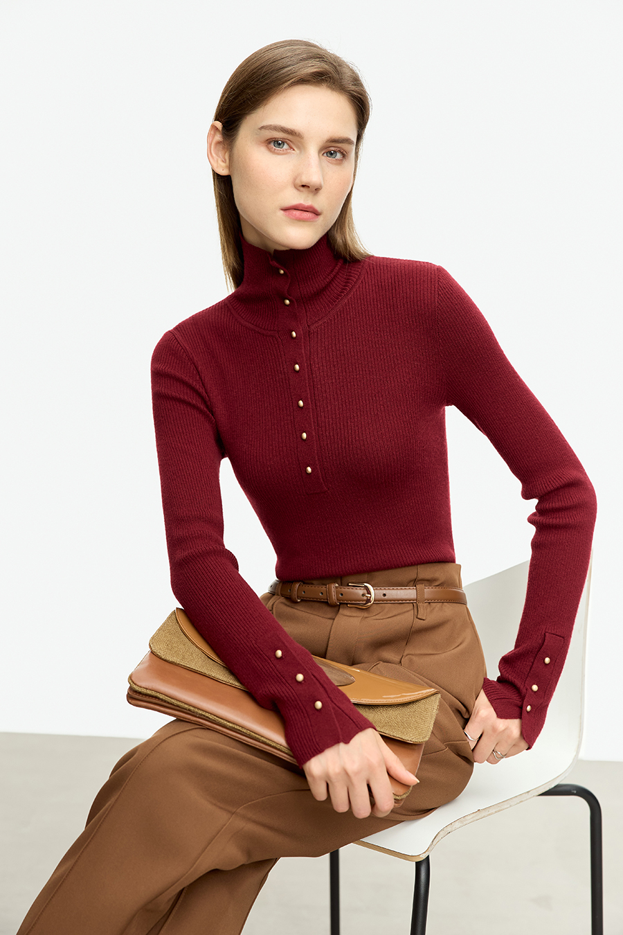 Buttoned High Neck Slim Sweater|AMII-AMII.com
