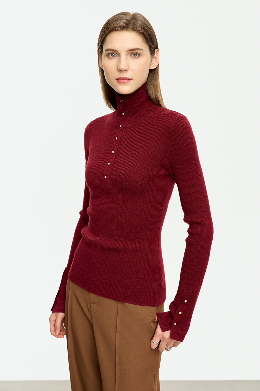 Buttoned High Neck Slim Sweater|AMII-AMII.com