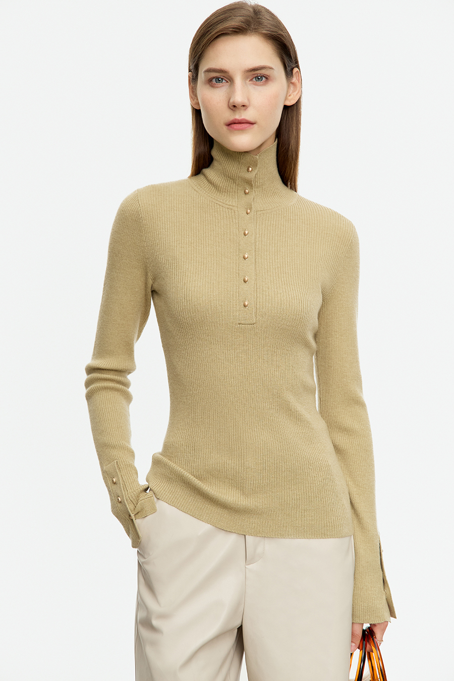 Buttoned High Neck Slim Sweater|AMII-AMII.com