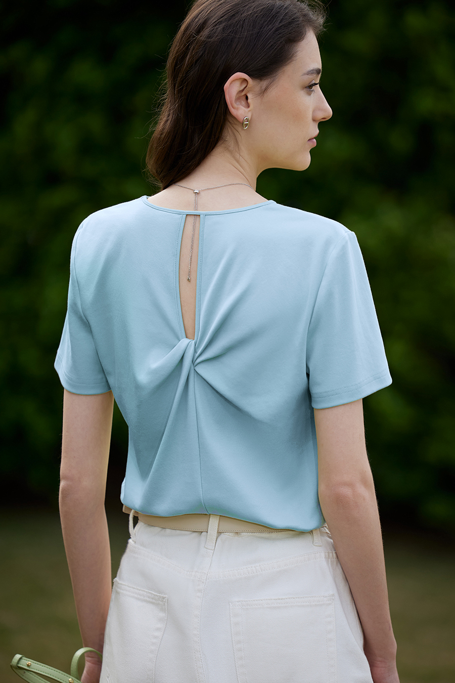 V-neck Hollow Pleated Cotton T-shirt