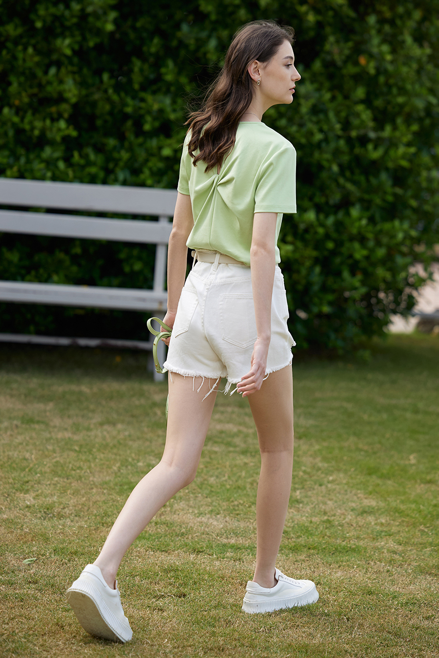 V-neck Hollow Pleated Cotton T-shirt