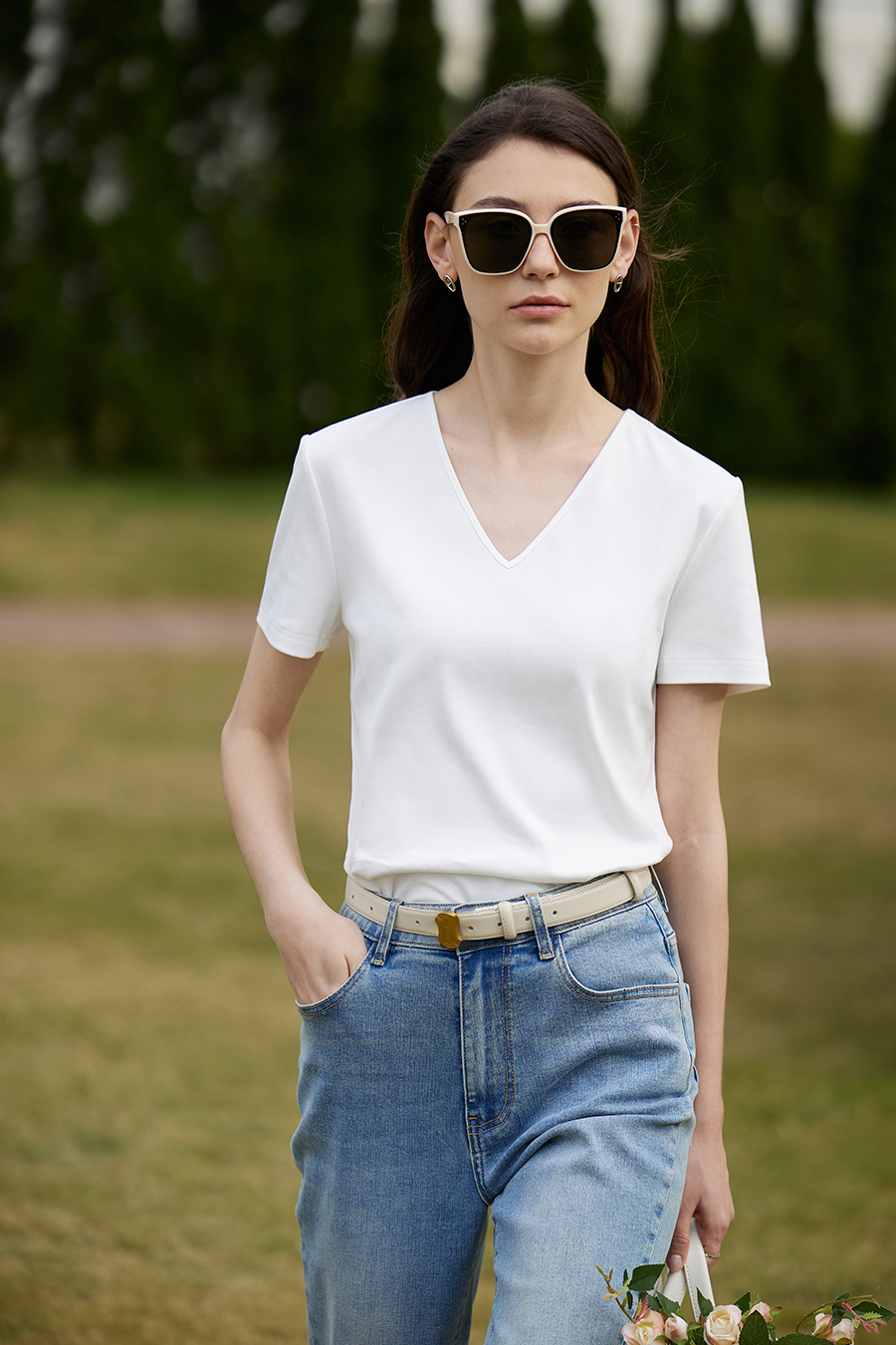 V-neck Hollow Pleated Cotton T-shirt