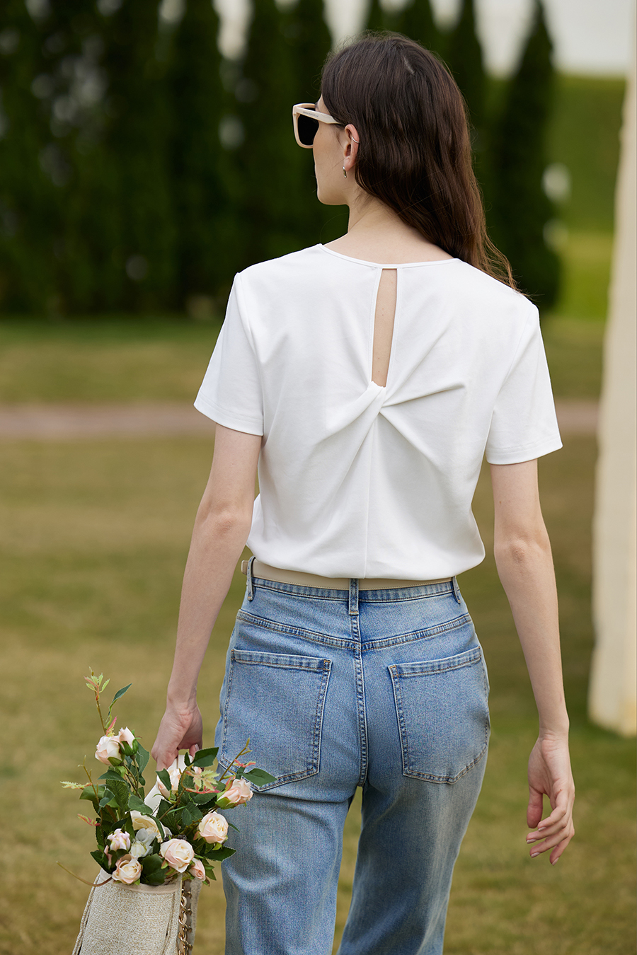 V-neck Hollow Pleated Cotton T-shirt