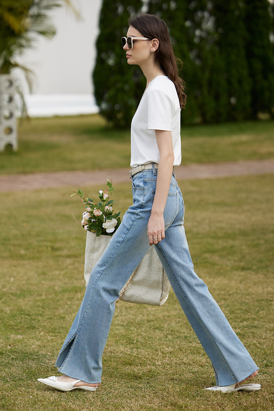 V-neck Hollow Pleated Cotton T-shirt