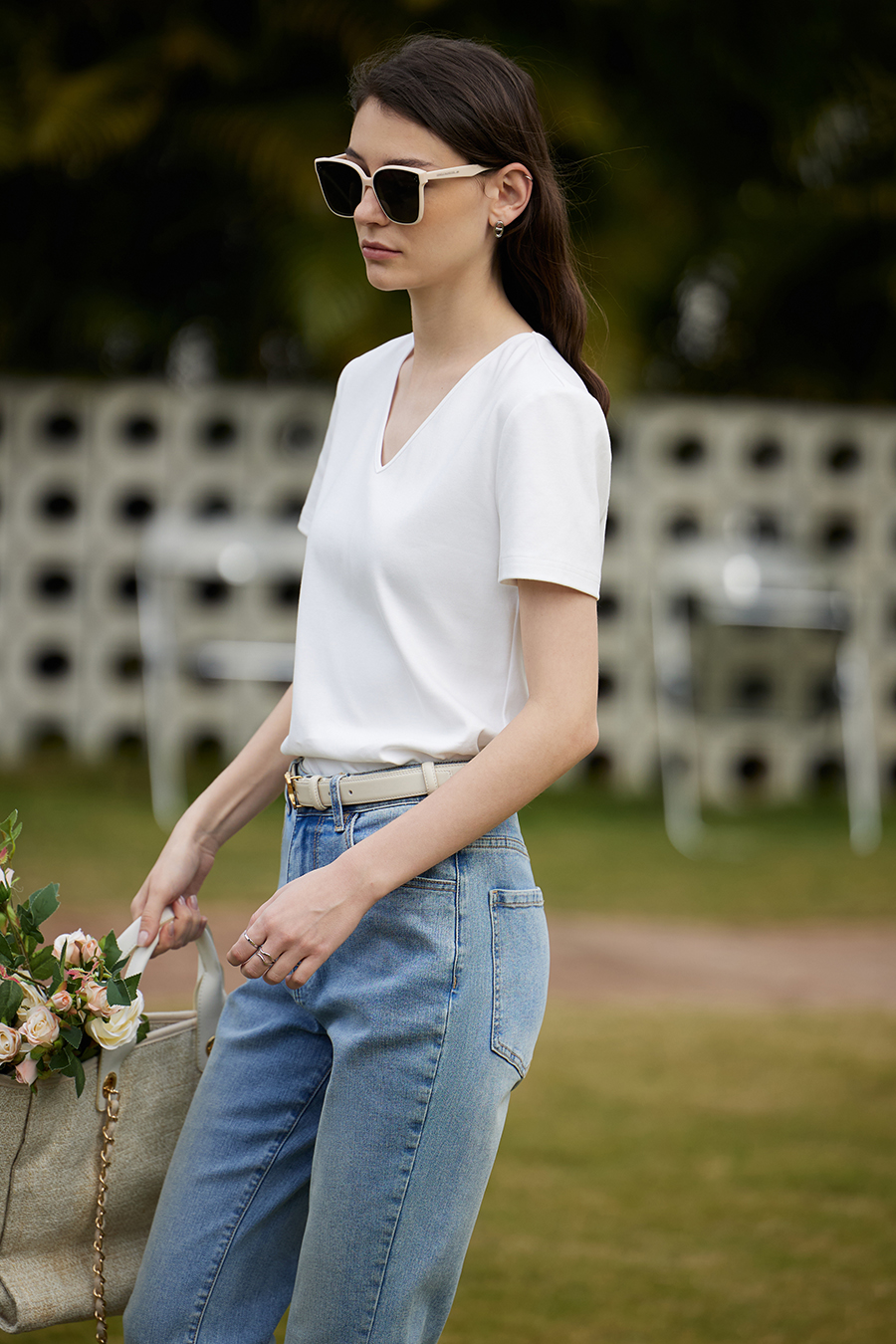 V-neck Hollow Pleated Cotton T-shirt