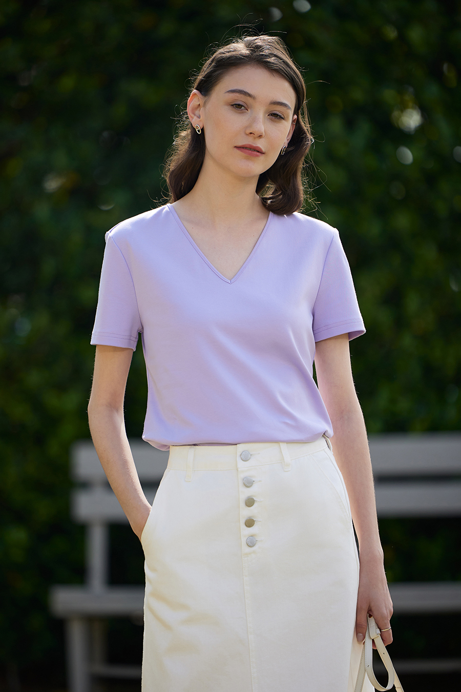 V-neck Hollow Pleated Cotton T-shirt