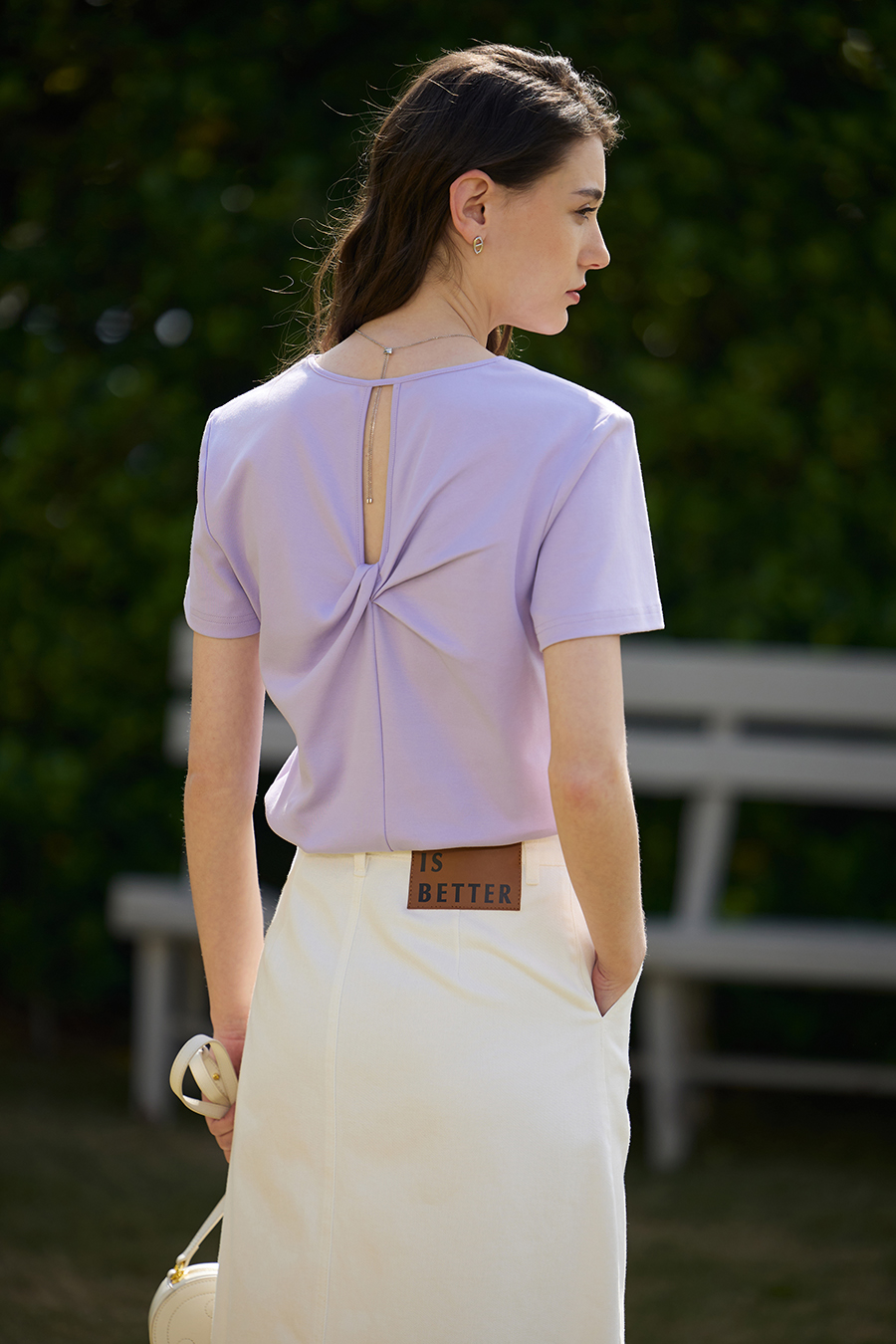 V-neck Hollow Pleated Cotton T-shirt