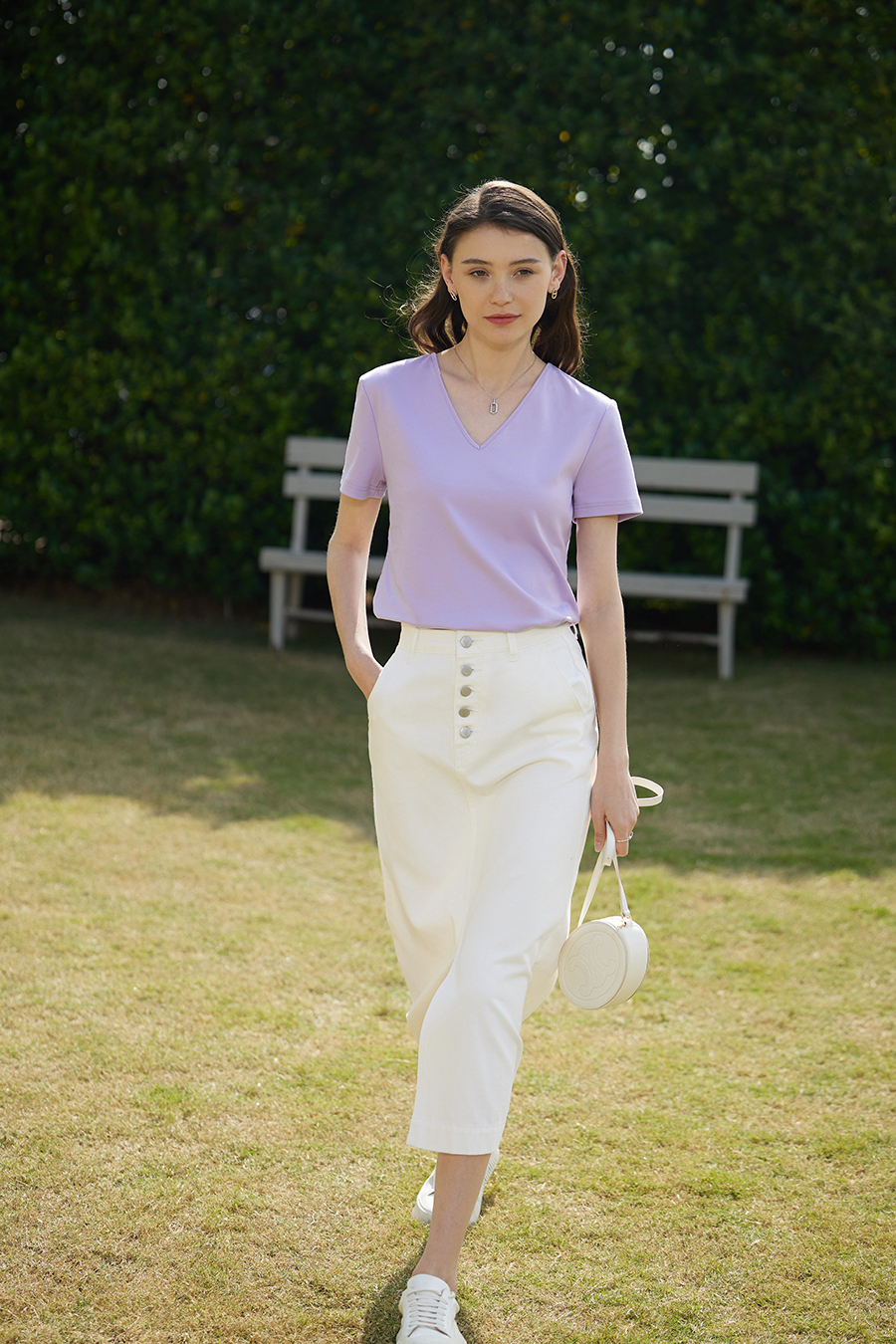 V-neck Hollow Pleated Cotton T-shirt