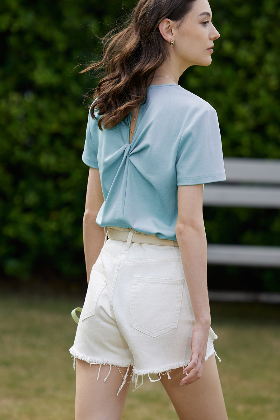 V-neck Hollow Pleated Cotton T-shirt