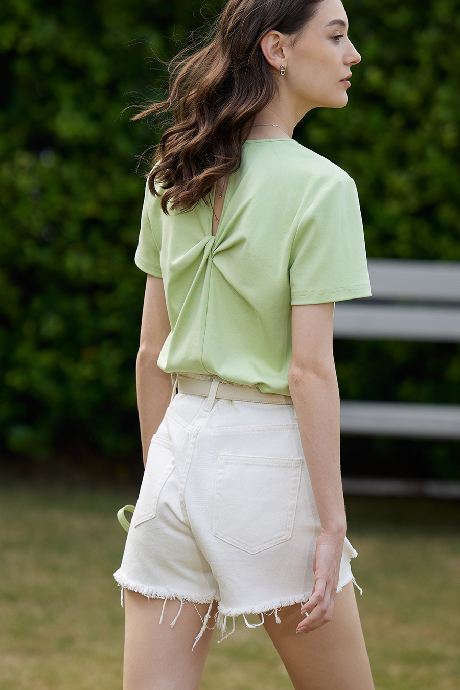 V-neck Hollow Pleated Cotton T-shirt