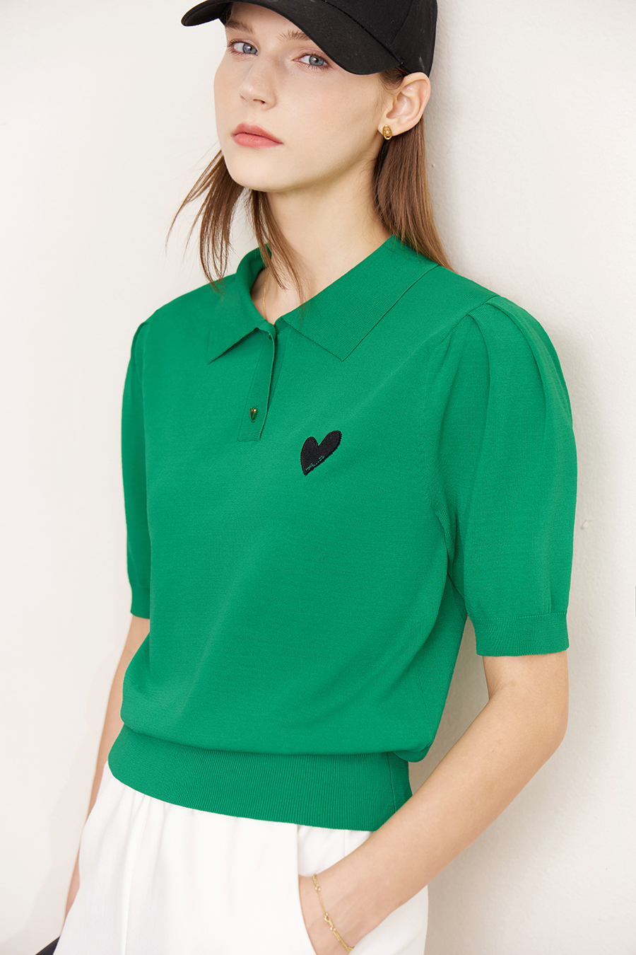 Polo Neck Heart Embroidery Knit Sweater