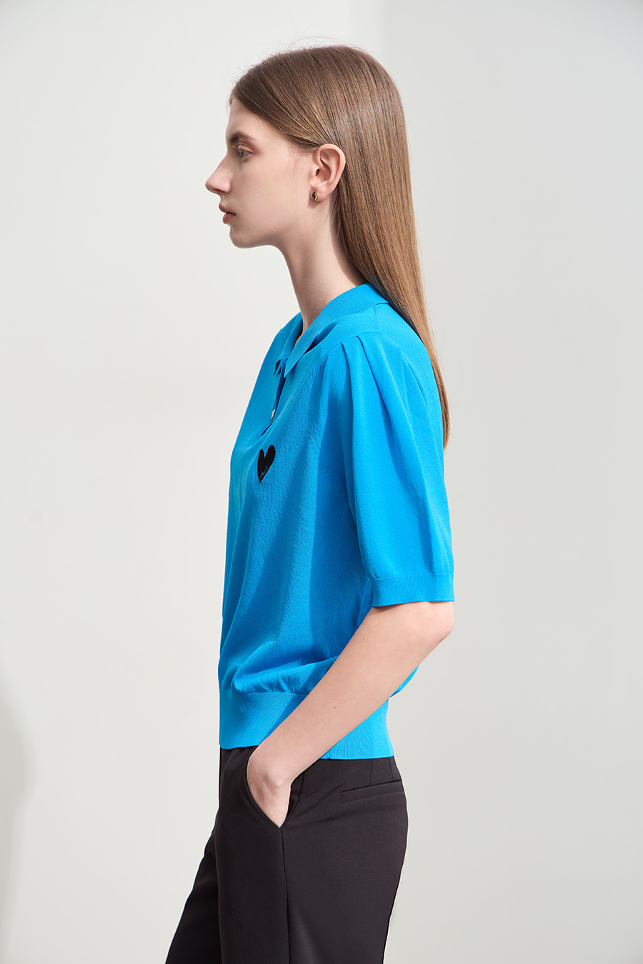 Polo Neck Heart Embroidery Knit Sweater