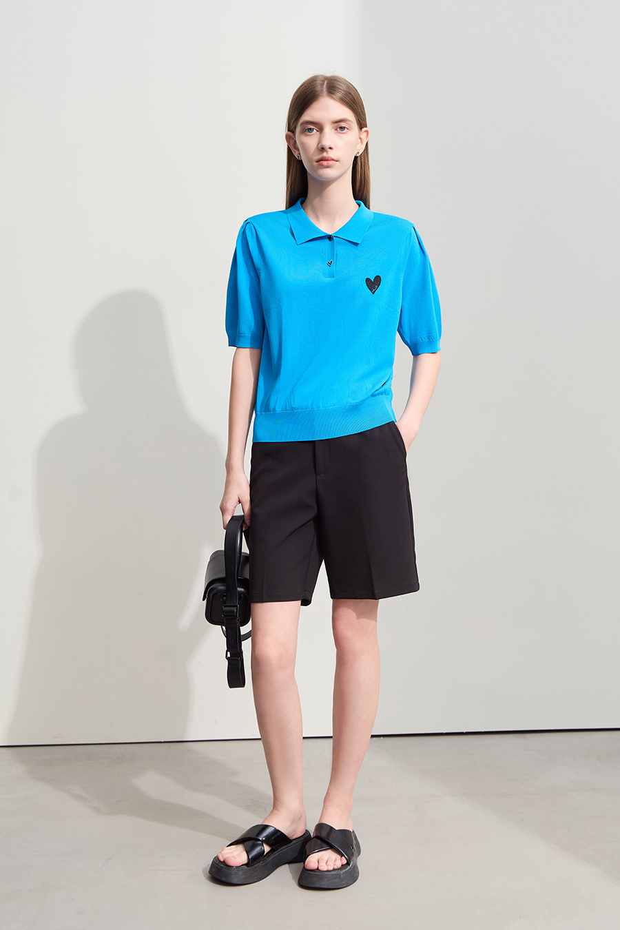 Polo Neck Heart Embroidery Knit Sweater