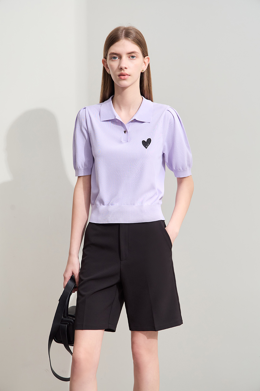 Polo Neck Heart Embroidery Knit Sweater