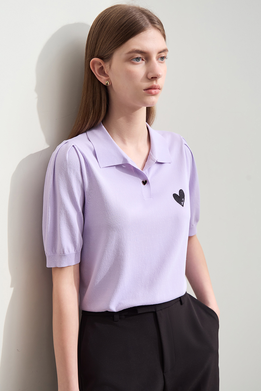 Polo Neck Heart Embroidery Knit Sweater