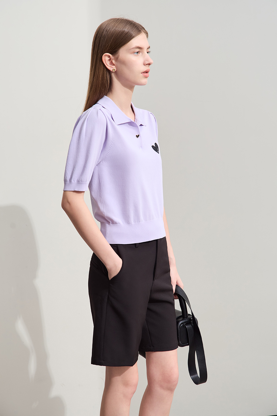 Polo Neck Heart Embroidery Knit Sweater