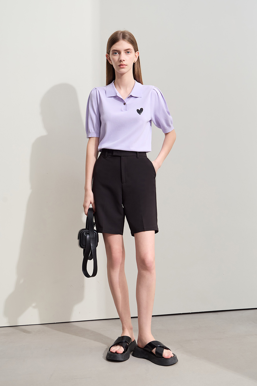 Polo Neck Heart Embroidery Knit Sweater