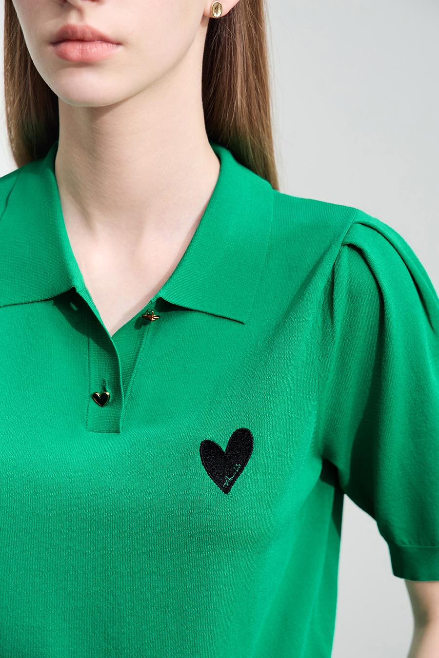 Polo Neck Heart Embroidery Knit Sweater