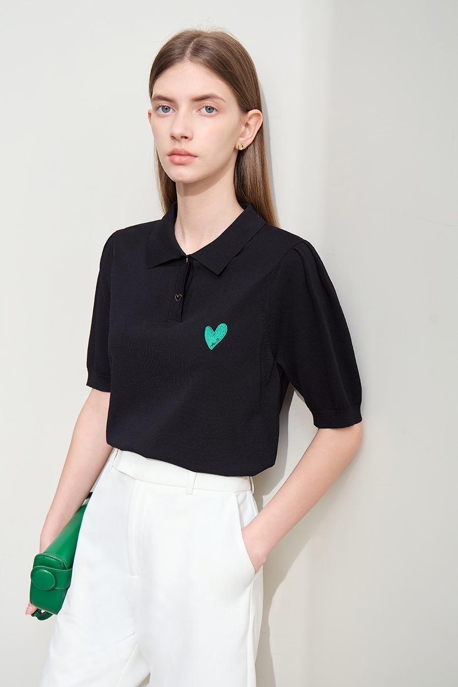 Polo Neck Heart Embroidery Knit Sweater