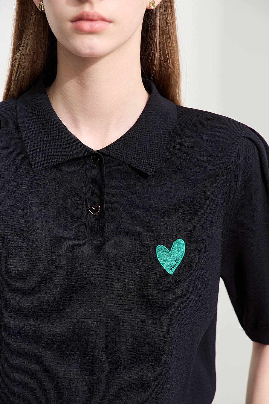 Polo Neck Heart Embroidery Knit Sweater