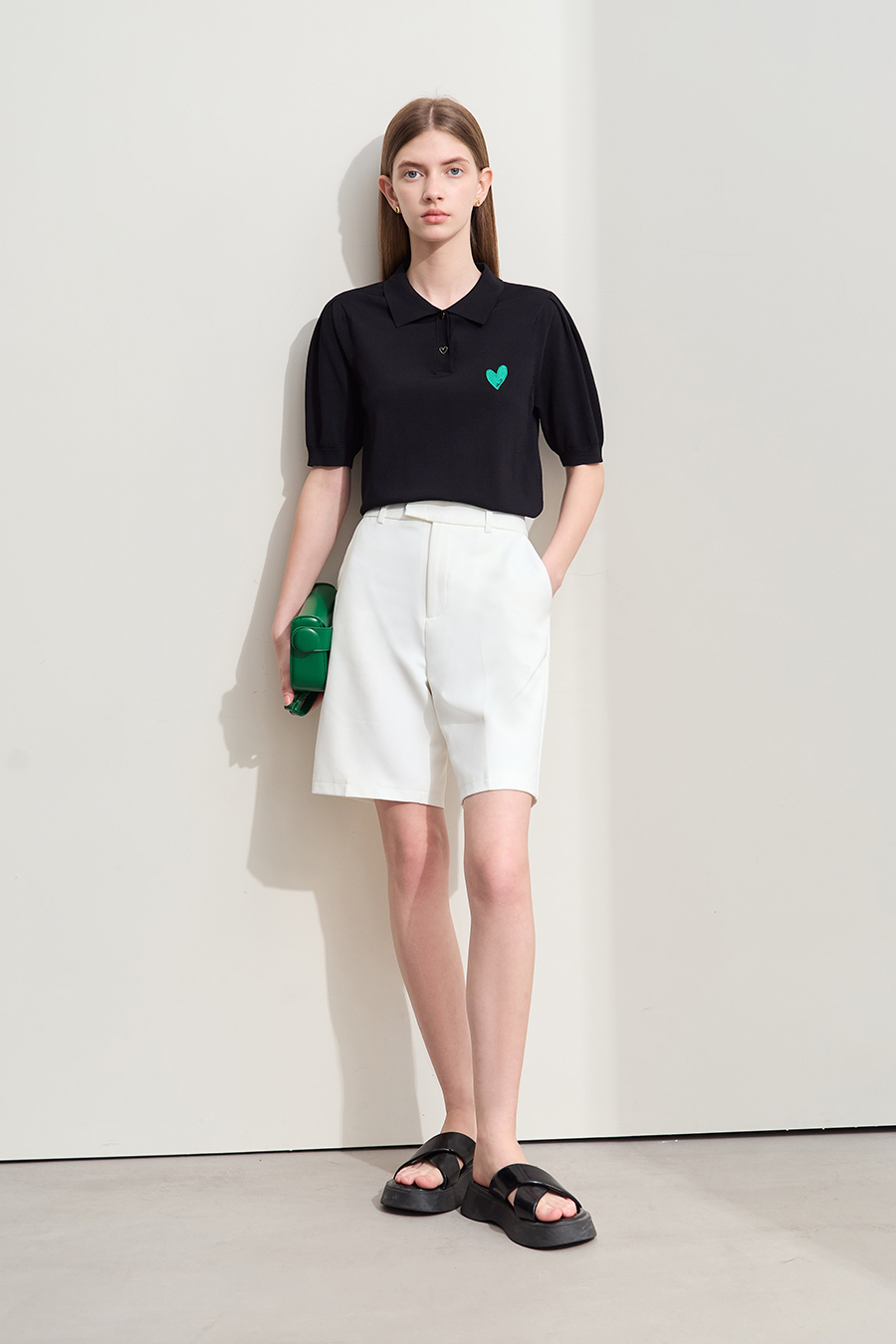 Polo Neck Heart Embroidery Knit Sweater