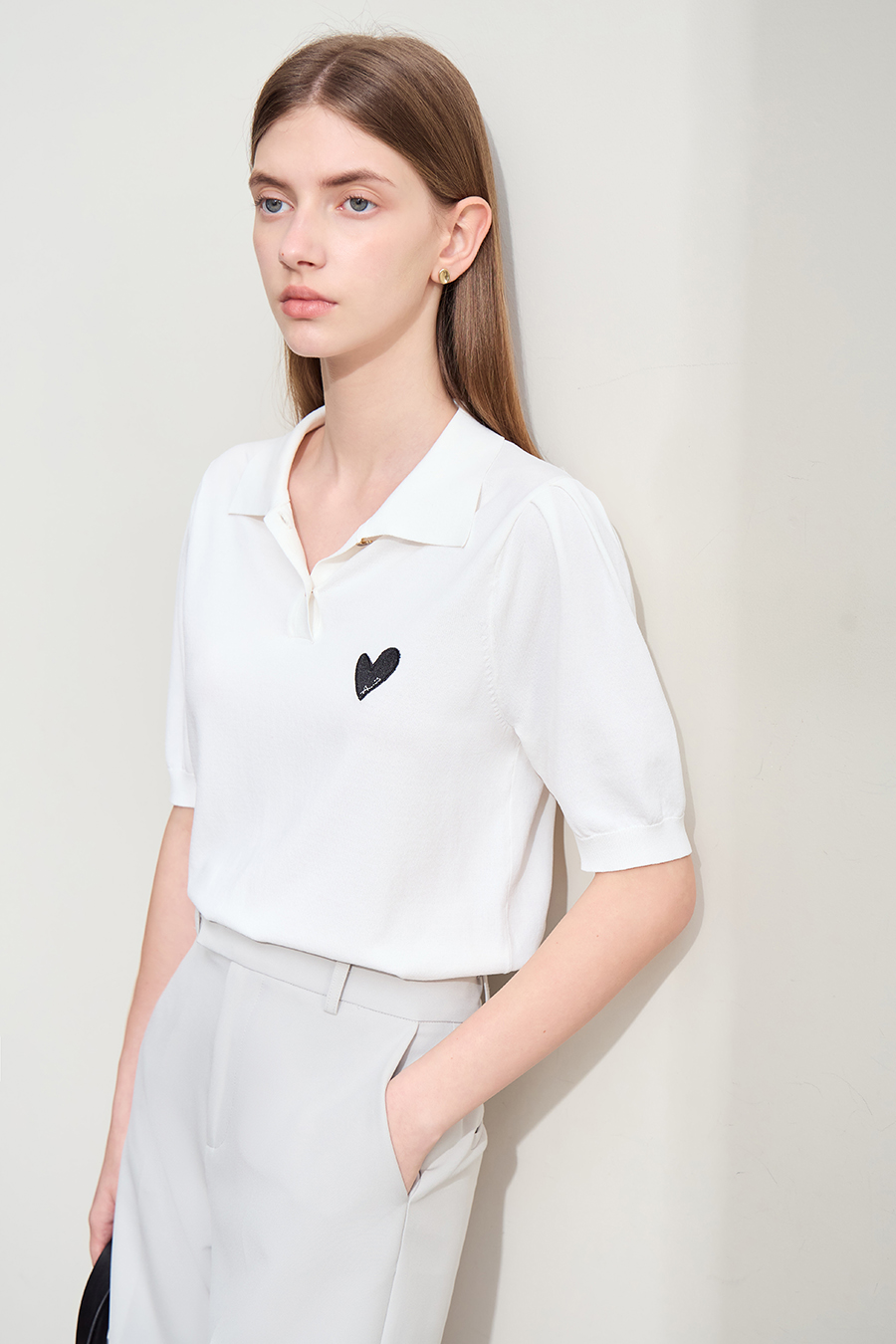 Polo Neck Heart Embroidery Knit Sweater