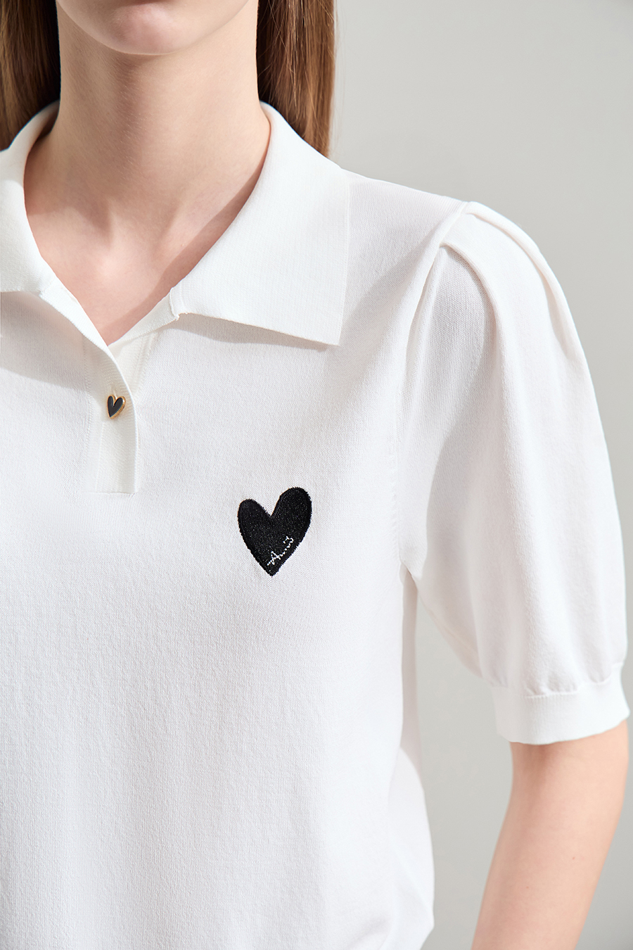 Polo Neck Heart Embroidery Knit Sweater