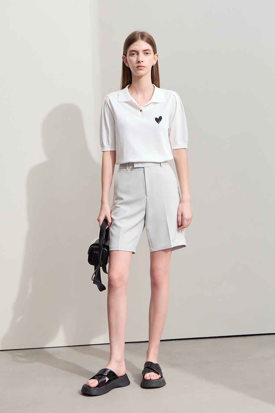 Polo Neck Heart Embroidery Knit Sweater