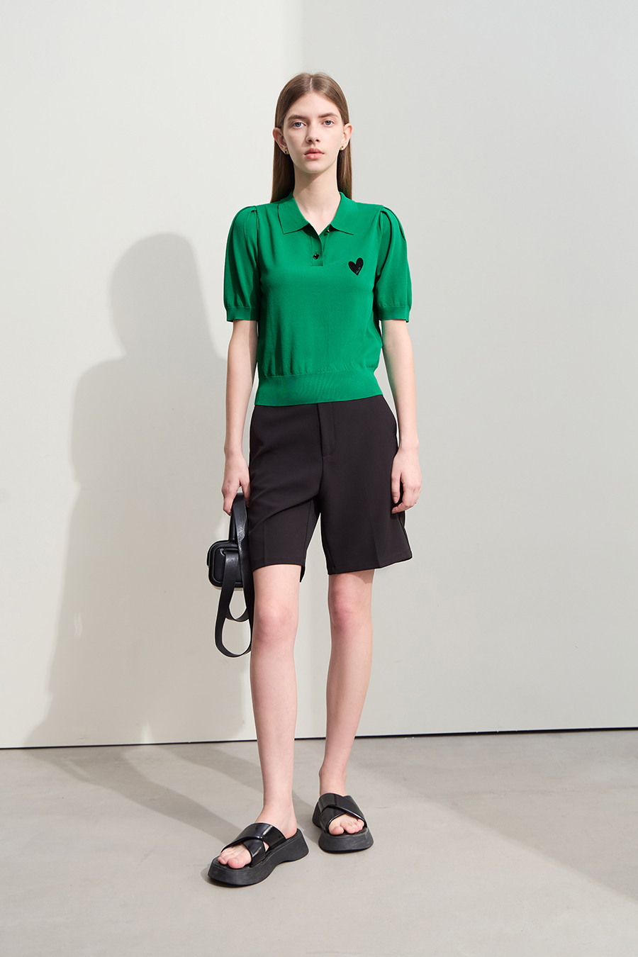 Polo Neck Heart Embroidery Knit Sweater