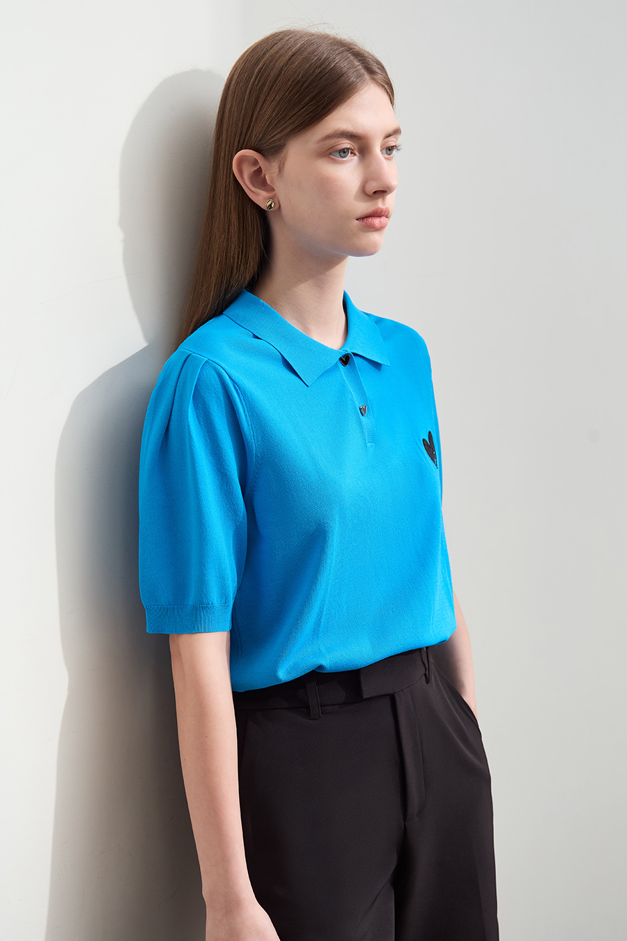 Polo Neck Heart Embroidery Knit Sweater