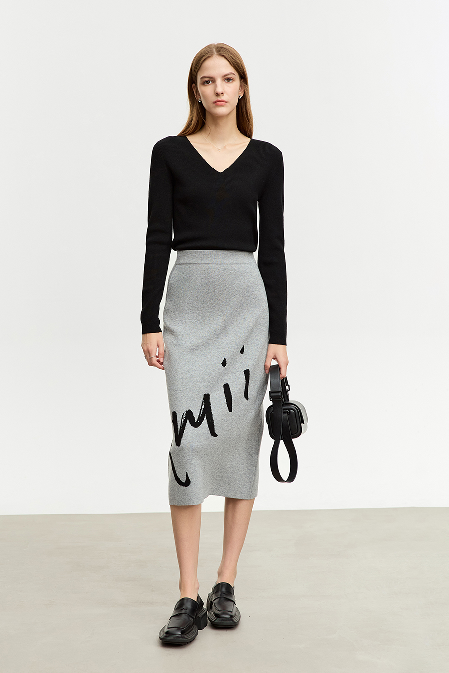 Color Block Jacquard Knit Midi Skirt|AMII-AMII.com