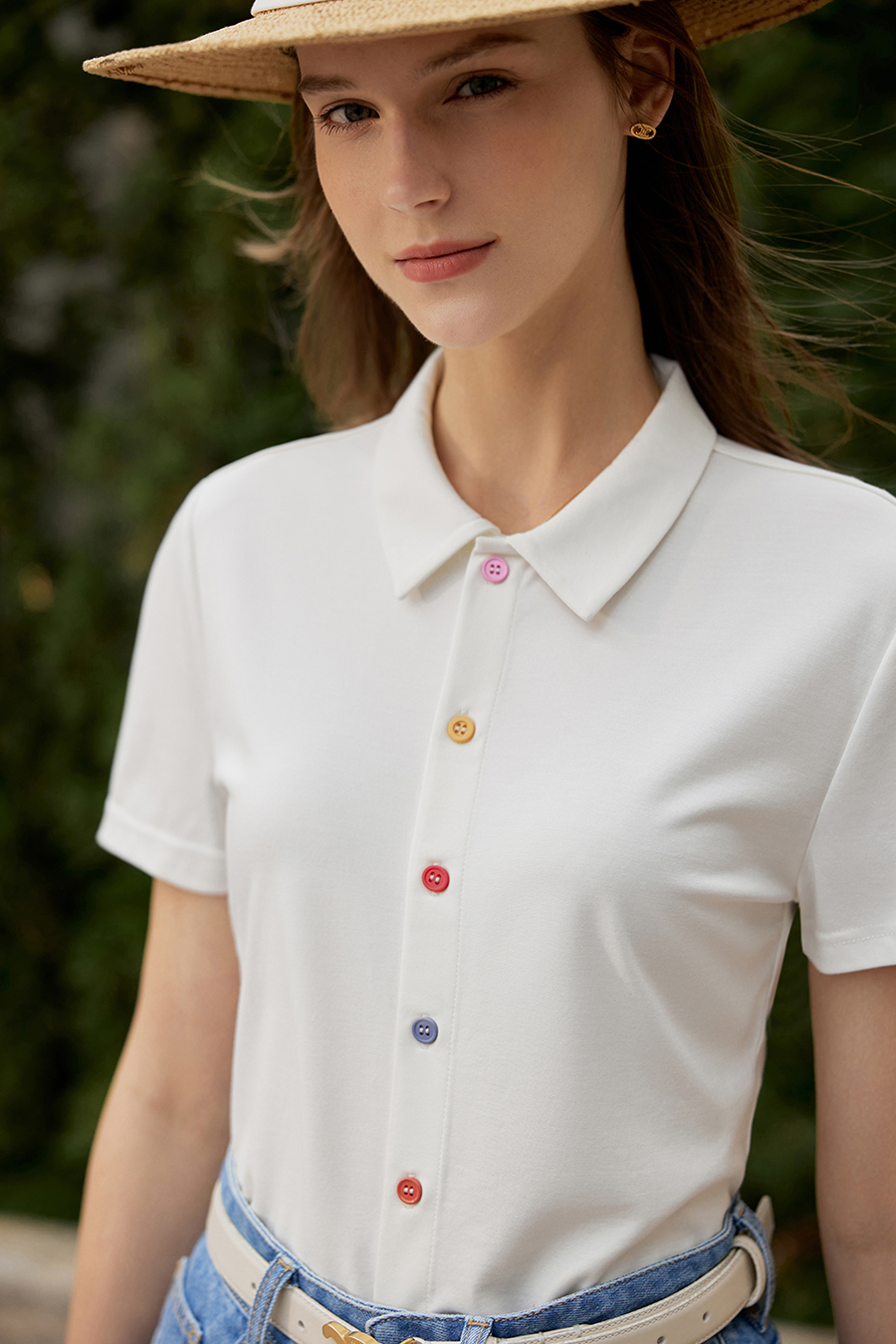 Contrast Button Lapel Short Sleeve T-shirt