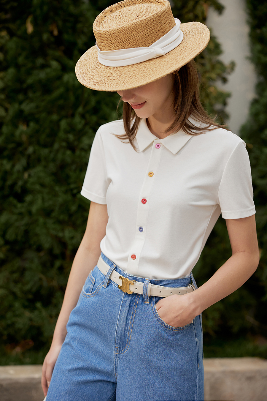 Contrast Button Lapel Short Sleeve T-shirt
