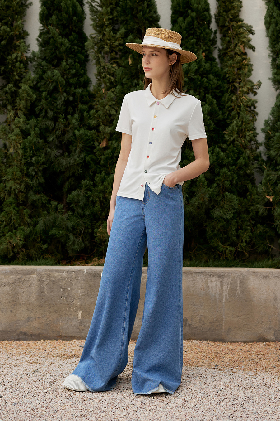 Contrast Button Lapel Short Sleeve T-shirt